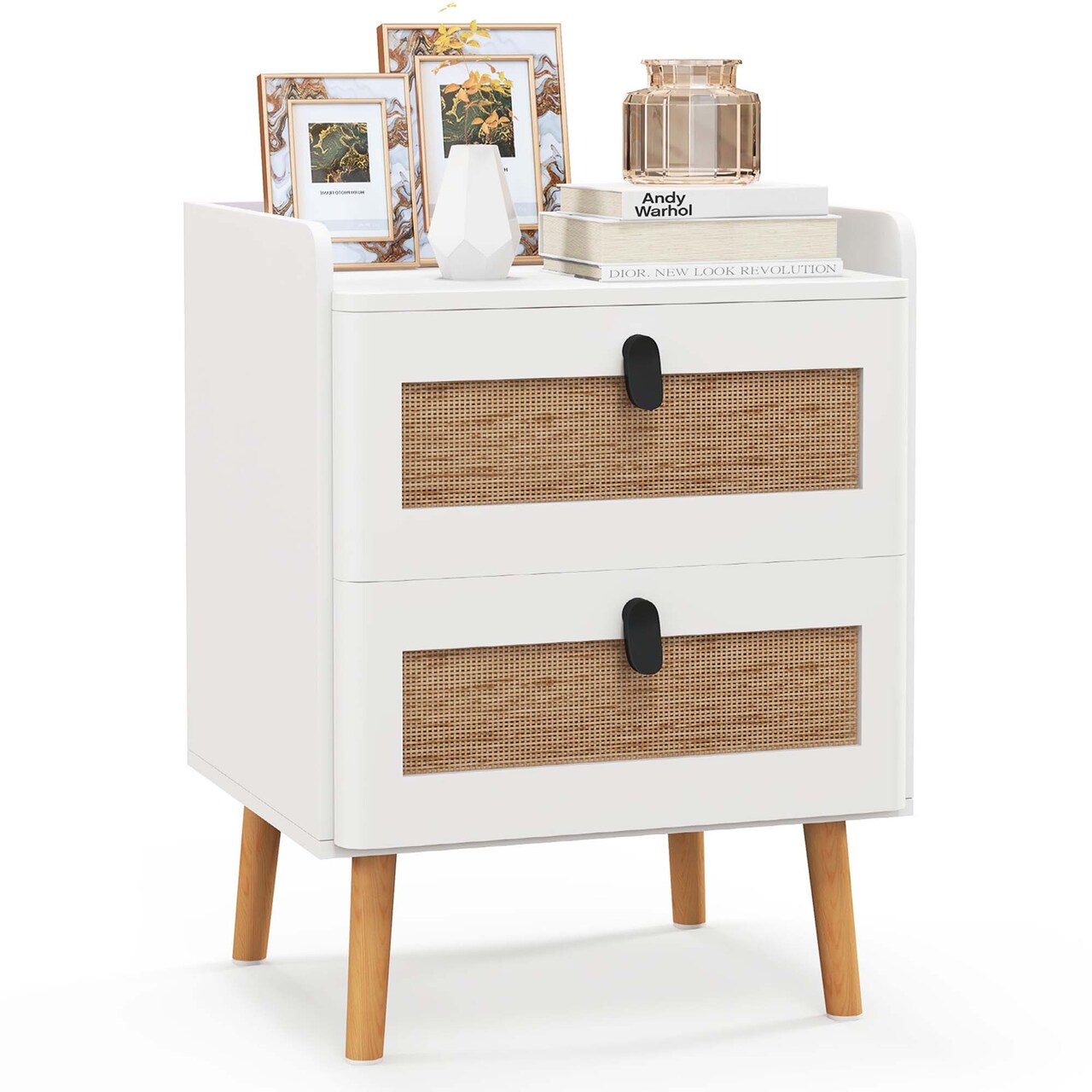 Costway Modern Nightstand End Bedside Table with 2 Rattan Drawers & Solid Wood Legs White